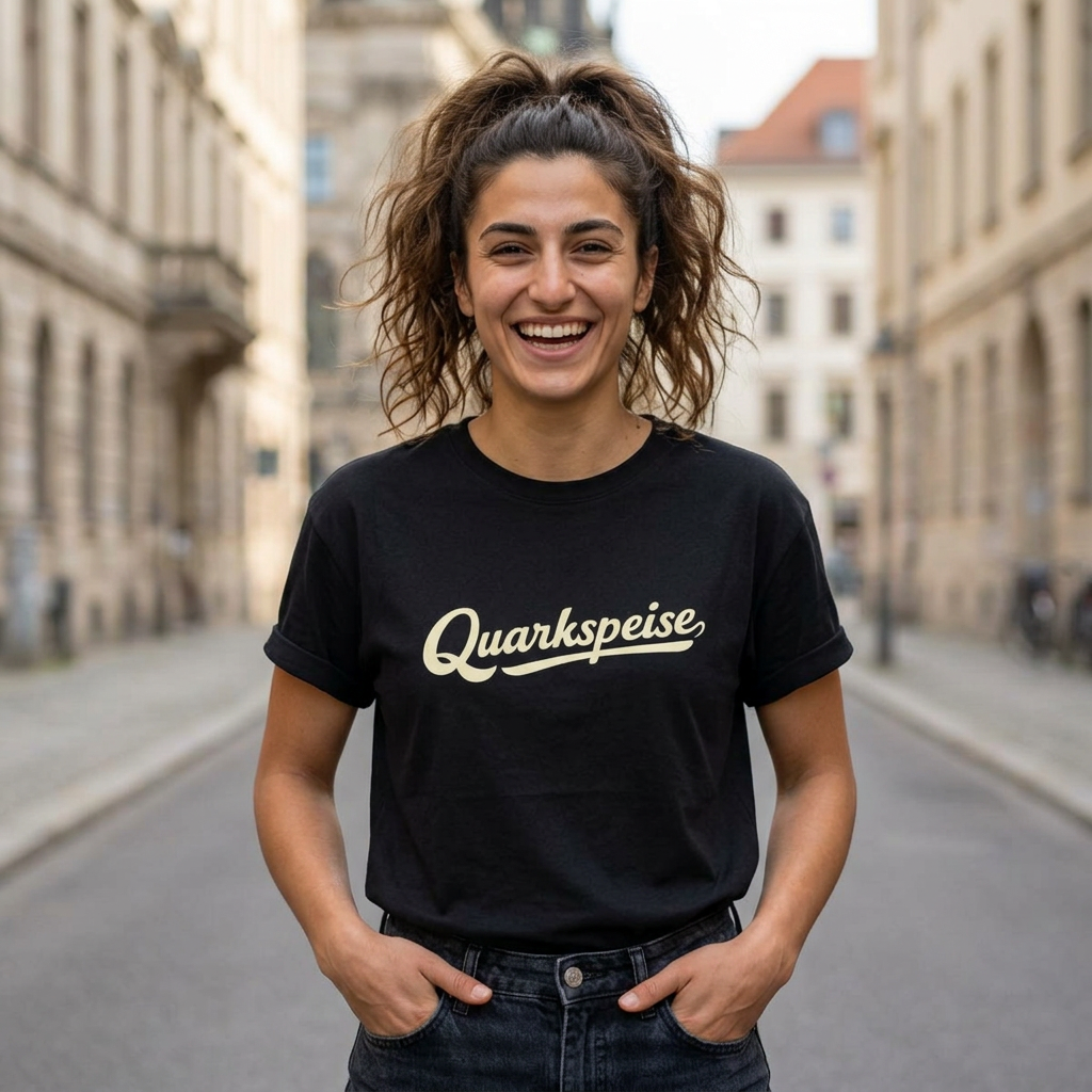 Quarkspeise Retro Script Box Tee — Vintage Grafik T-Shirt